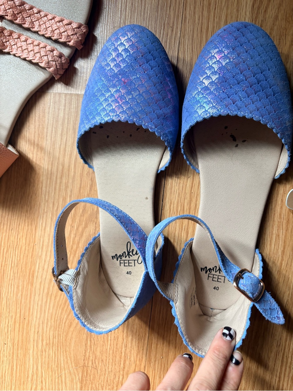 Monkey Feet Blue Iridescent Scalloped D'Orsay Sandals